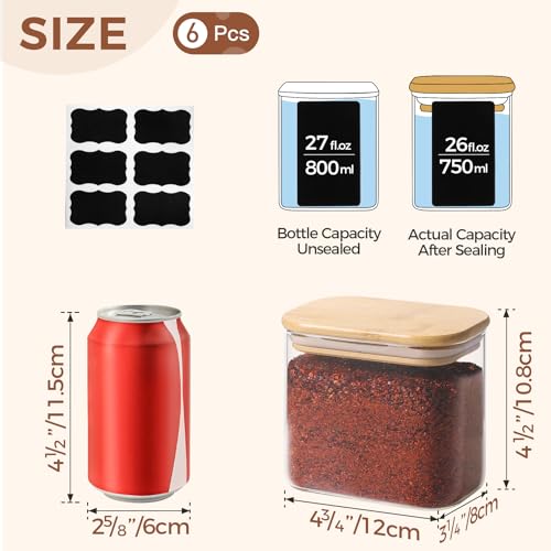 ComSaf 26oz Rectangle Glass Storage Containers with Lids, Glass Jars with Bamboo Lids, Clear Food Storage Jar, Sugar Coffee Containers, Small Pantry Storage Container for Tea Candy Nuts Spices Oat