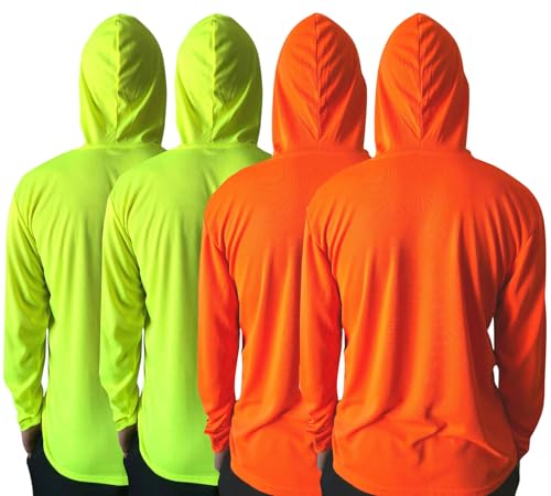 Men UPF 50+ Sun Protection Breathable T Shirt Long Sleeve Workout T-Shirts with Hood (4Pcs Mix (2 Neon Yellow/2 Neon Orange), S)