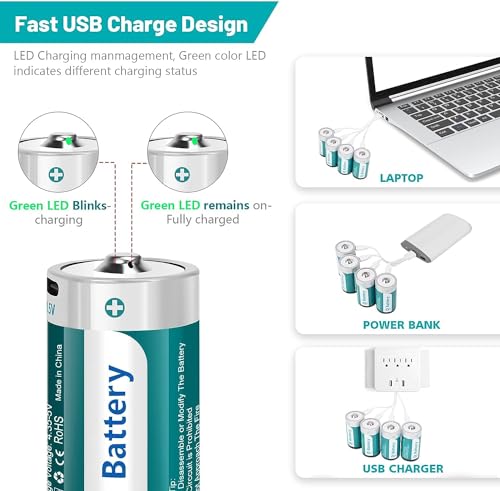 Fitinoch 2 Pack Rechargeable Lithium D Cell Batteries with USB 4 in 1 Charging Cable,1.5V LR20 D Size Battery Replacement for Toys