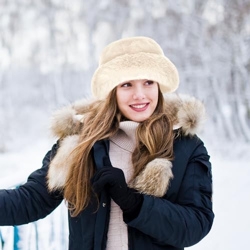 Yonchic Winter Soft Faux Fur Plush Bucket Hat, Lovely Fuzzy Fisherman Cap, Fashion Outdoor Thick Warm Sun Cap for Women (Beige)