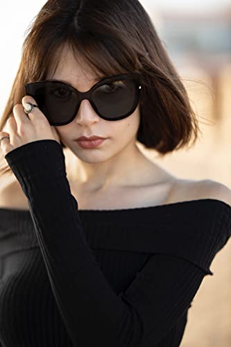 FEISEDY Cat Eye Sunglasses Polarized for Women Men，Rimless Mirrored Sunglasses, Oversized, Trendy Retro Sun Glasses B2796 Bright Black/Black Gray