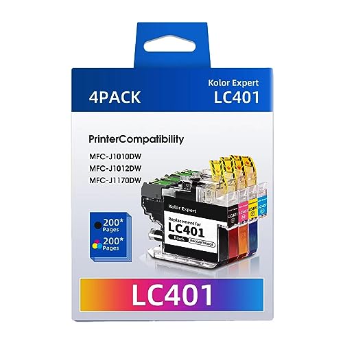 Kolor Expert Compatible LC401 Ink Cartridge Replacement for Brother LC401 LC401XL Ink Cartridges for Brother Printer MFC-J1010DW MFC-J1170DW MFC-J1012DW (Black, Cyan, Magenta, Yellow)