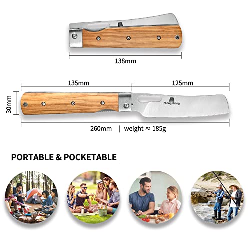 ZhengSheng Folding Chef Knife 4.8” Ultra Sharp 440A Stainless Steel Blade Natural Olive Handle Pocket Foldable Japanese Style Kitchen Knife for Outdoor Camping BBQ trip Cooking