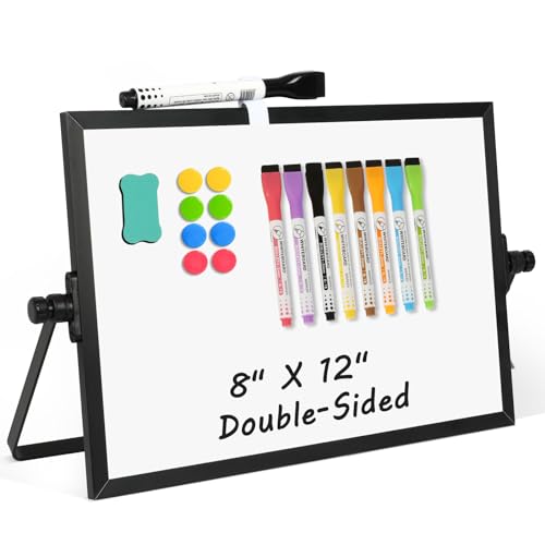 AMUSIGHT Dry Erase Magnetic White Board, 8" x 12" Black Aluminum Frame Double-Sided Desktop Whiteboard with Stand, Portable Small Whiteboard Set for Drawing, Office, Home, School