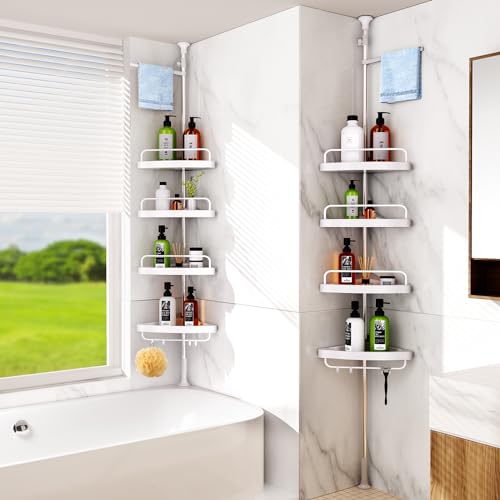 Corner Shower Caddy Tension Pole: Adjustable Stainless Steel Shower Organizer with 4 Tier Shelf for Bathroom Bathtub Tub Shampoo - Floor Standing Rack Bath Storage Holder with Rust Proof Rods