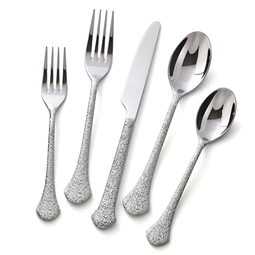 KINGSTONE Premium Silverware Sets, 18/10 Stainless Steel Flatware Set，20-Piece Cutlery with Tin Flow Handles, Dishwasher Safe