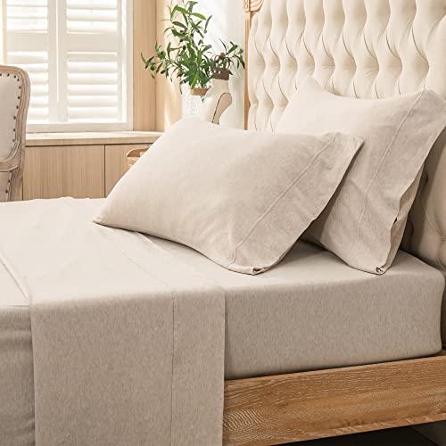 PURE ERA Jersey Knit 4pc Bed Sheet Set 100% T-Shirt Heather Cotton Super Soft Comfy Breathable Fits Mattress Up to 20" Extra Deep Pocket (Heather Navy Blue, Queen)