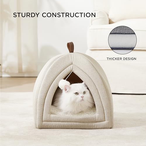 Bedsure Cat Beds for Indoor Cats - 2 in 1 Cat Cave for Kittens and Small Pets, Foldable Cat House Tent with Removable Washable Cushioned Pillow, Cat Hideaway with Non-Slip Bottom, Beige, 16 inches