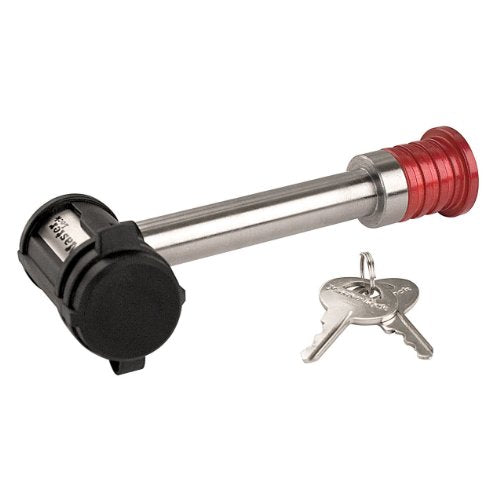 Master Lock Silver and Red Receiver Lock, Stainless Steel Barbell™ Hitch Pin Lock, Fits 5/8 in. Receivers, Weather Resistant Automotive Receiver Lock, 1469DAT