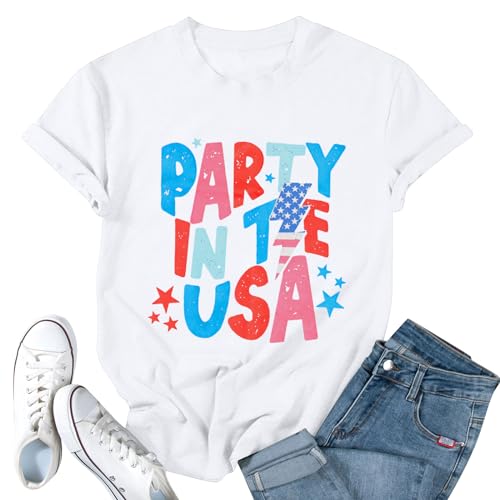 FLOYU Women Party in The USA Shirt Retro 4th of July Party T Shirt USA Lightning Tops Casual America Patriotic Shirts