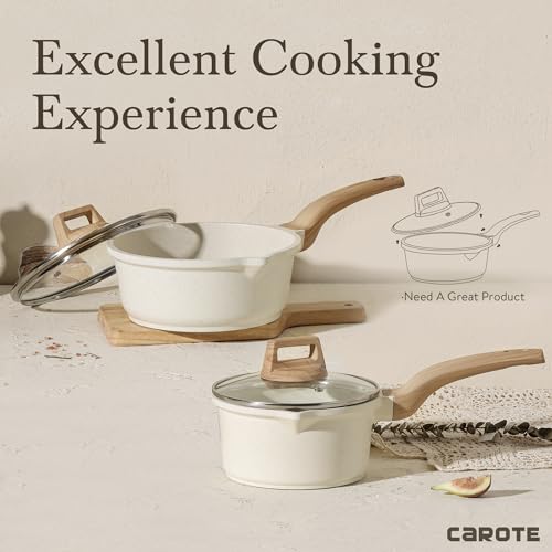 CAROTE 1.5Qt & 2.5Qt Sauce Pan Set with Lid Nonstick Saucepan 4 Pcs Non Stick Sauce Pots Cooking Pot with Pour Spout, Easy to Clean, Small Kitchen Pots Induction Pot, PFOA FREE (White Granite)