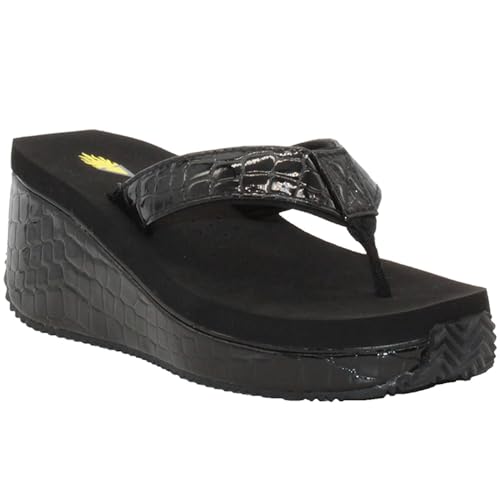 VOLATILE Women's FRAPPACHINO Wedge Sandal, Black Croco, 6