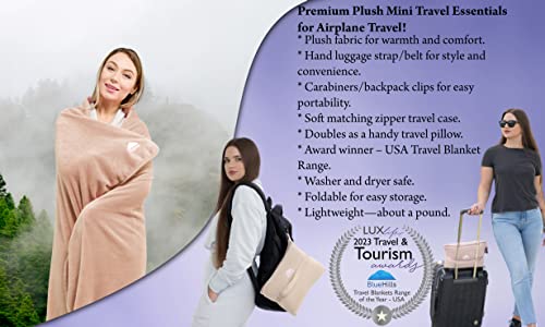 BlueHills 2-Pack Mini Premium Soft Plush Travel Blanket Pillow Airplane Essentials for Two in bag Flight Traveling Warm Portable Plane Blankets Compact Cozy Traveler Backpack Blankets Warm Beige - M26