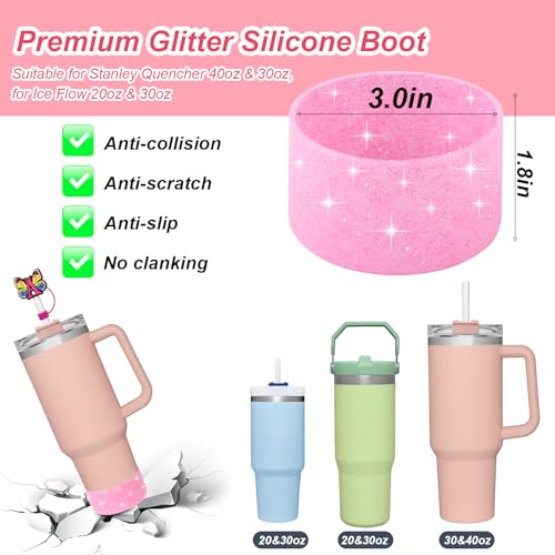 AIERSA Cup Accessories Set for Stanley 40oz Cups, 2Pcs Pink Straw Cover Caps for 10 mm Straws, 4Pcs Silicone Spill Stopper, 1pcs Letter Charms and 1Pcs Glitter Silicone Boot for Stanley 40oz Tumbler