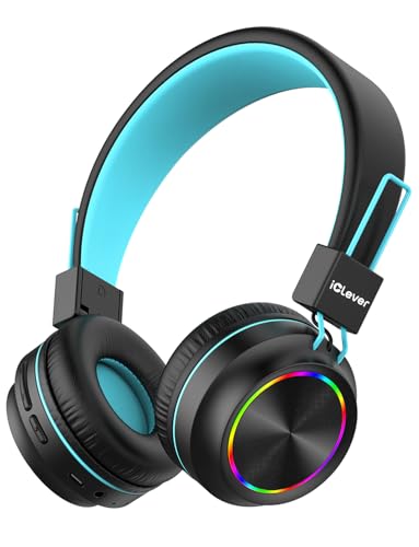 iClever BTH03 Kids Bluetooth Headphones, Colorful LED Lights, 35H Playtime, Bluetooth 5.4,Type C Fast Charging, Safe Volume, Stereo Sound Mic,On Ear Kids Wireless Headphones for iPad Airplane (Black)