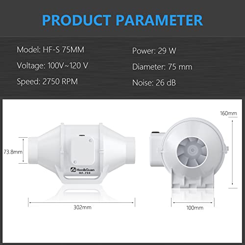 Hon&Guan 3 Inch Duct Fan, High Efficiency Inline Fan Mixed Flow Ventilation System Exhaust Air Fan for Bathroom, Kitchen, Grow Tent, 3D Printer (S Series)