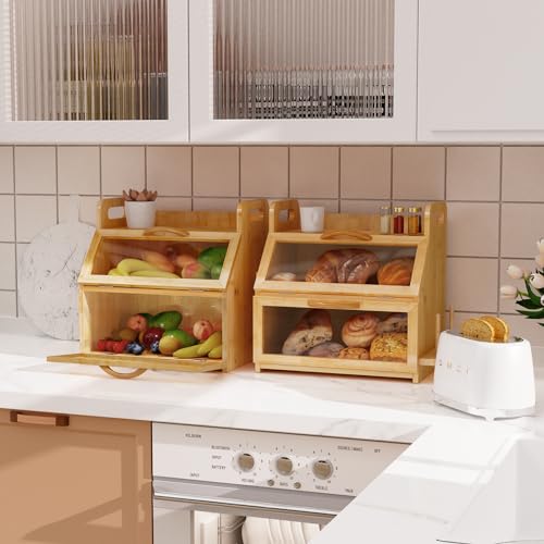 DORPU Bread Box, Bread Boxes for Kitchen Counter Airtight, Extra Large Wooden Bread Box for Homemade Bread, Double Layer Bread Box with Tool Holder, Handles and Window (14.9" x 11" x 15.3") Black