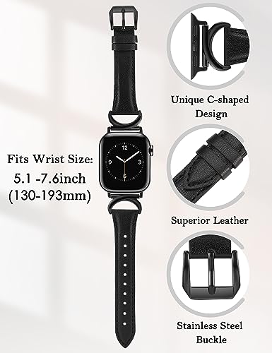 Minyee Leather Band Compatible with Apple Watch Bands 41mm 40mm 38mm 44mm 45mm 42mm 49mm Women, Slim Thin Dressy Designer Strap with C-Shape Metal Buckle for iWatch Ultra 2, Series