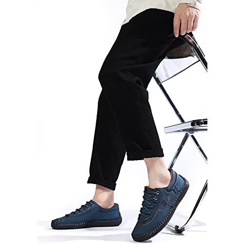 FiveStoresCity Mens Casual Shoes Summer Breathable Sneakers Loafers Walking Shoes Handmade Lace-Up Leather Dress Flats Shoes for Driving Business Working Office Blue Size 7.5