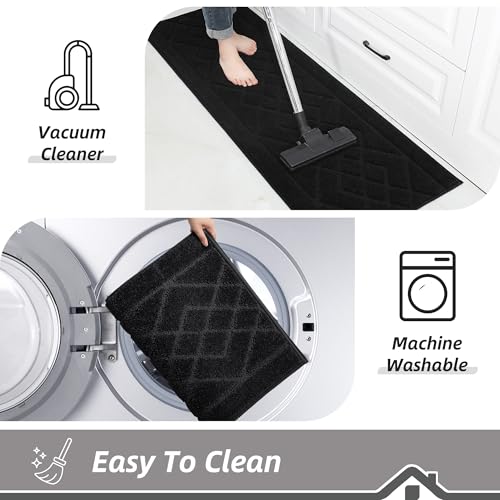 BEQHAUSE Washable Kitchen Rugs Sets of 2 Non Slip Kitchen Mats for Floor Absorbent Soft Kitchen Runner Rug for Kitchen Decor,Bathroom,Sink,Hallway,Door,Laundry,20”x30”+20”x48”,Black