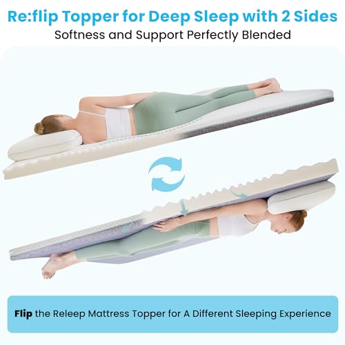 Releep 3 Inch Firm Mattress Topper Twin Size, Re:flip Memory Foam Bed Topper with Soft & Firm Options for Pain Relief, Mattress Topper with 2-Sided Cover, Ergonomic 5-Zone Design, CertiPUR Certified