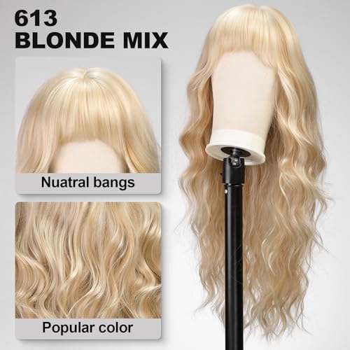KOME Ombre Ash Blonde Wigs with Bangs,Grey Blonde Long Wavy Wig for Women,Long Curly Synthetic Hair Wig for Party Daily Use 26IN