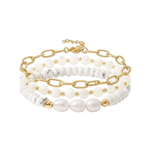 MAMA Bracelet Dainty Gold Crystal Beaded Bracelets Set for Women Stackable 14K Gold Plated Beads Nature Stone Layered Stretch Bracelets Mother's Day Gifts for Mom Grandmom
