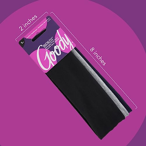 Goody Ouchless Comfort Head Wraps - 3 Ct, Black/Grey/Navy Blue, Soft & Stretchy Fabric Headbands for Women & Men, Secure Hold Yoga, Workout Headband, Versatile Hair Accessories for All-Day Wear