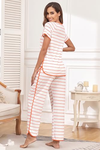 FKEEP Stripe Pajamas Set Women Two-Piece Nightwear Short Sleeve Sleepwear Soft Side Split Loungewear Pjs Sets(Wine Red and White,Medium)