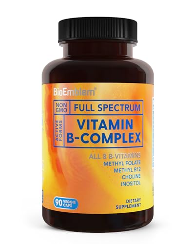 BioEmblem Vitamin B-Complex - All 8 Active Forms with Methyl Folate, Methyl B12, B6, Biotin Plus Choline Inositol, Supports Energy, Metabolism, Brain, Heart Health - B Vitamin Supplement 90 Capsules