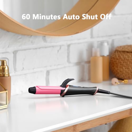 CIVEYA 1 Inch Travel Curling Iron, Temp Control Mini Hair Curler with Dual Voltage, 5 Adjustable Temperatures, Strong Clip, Auto Shut-off, Swivel Cord, Pink