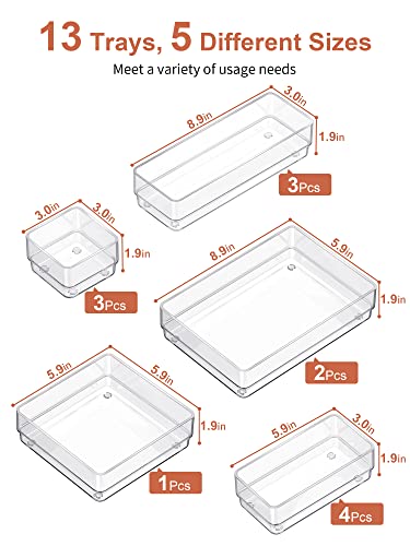 SMARTAKE 13-Piece Drawer Organizer with Non-Slip Silicone Pads, 5-Size Desk Drawer Organizer Trays Storage Tray for Makeup, Jewelries, Utensils in Bedroom Dresser, Office and Kitchen (Clear)