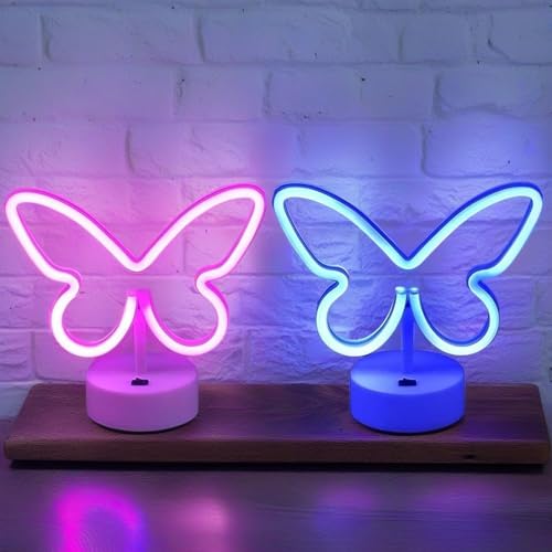 BRIGHTDECK 2 Pack Butterfly Neon Signs, LED Pink Butterfly Neon Sign Battery or USB Powered Decoration Lamp, Neon Lights Heart Decor for Valentines Day, Bedroom, Wedding, Party, Pink Room Decor