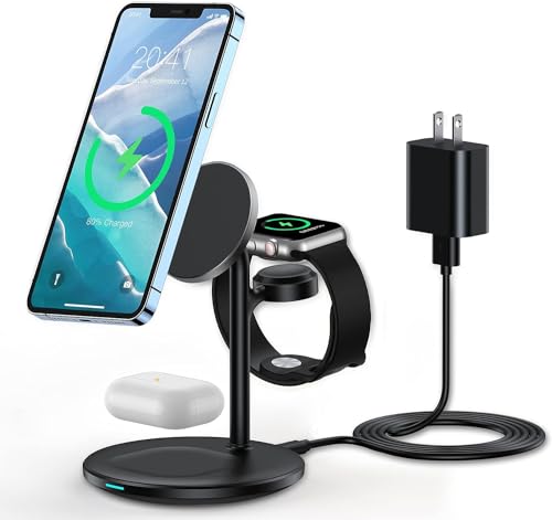 3 in 1 Wireless Charging Station for Apple Devices, Standard 15W Fast Wireless Mag-Safe Charger Stand with 20W Adapter for iPhone 15 14 13 12 Pro Max/Plus/Pro/Mini,iWatch Ultra 1,2 Series 9, AirPods