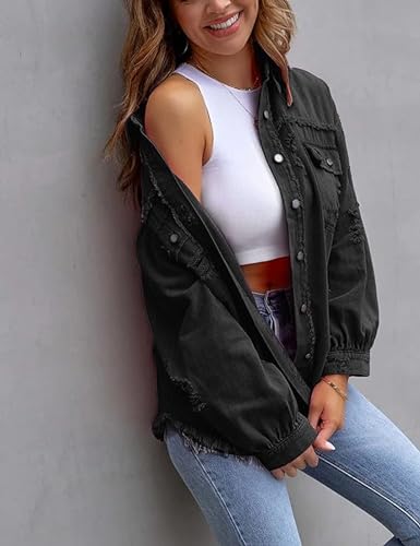 Omoone Women's Ripped Distressed Denim Jacket Casual Long Sleeve Boyfriend Jean Coat Basic Trucker Jackets (3536-Red-S)