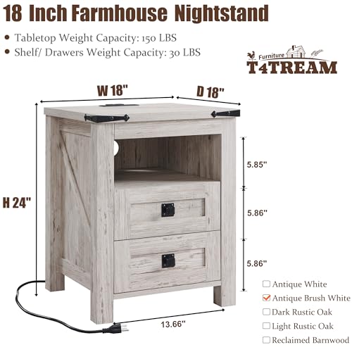 T4TREAM Nightstand with Charging Station, End Table, Side Table with 2 Drawers Storage Cabinet for Bedroom, Living Room, Farmhouse Design, Wood Rustic, Antique White