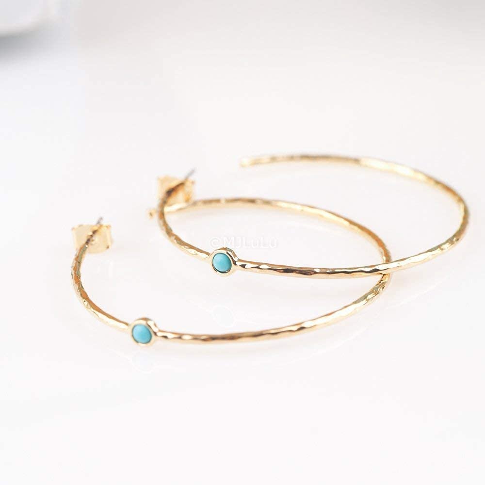 14K Gold-Plated Dainty Hoop Earrings with Simulated Blue Turquoise - Lightweight, Hypoallergenic, Chic Boho Design for Versatile Everyday Elegance - delicate minimal Jewelry by MJLULU