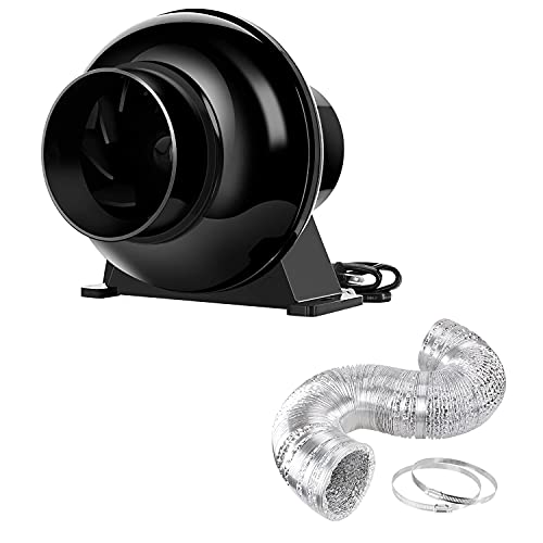 iPower 4 Inch 195 CFM Inline Ventilation Fan Vent Blower, 8 Feet Non-Insulated Flex Air Aluminum Foil Ducting with 2 Clamps for Grow Tent Circulation, Low Noise