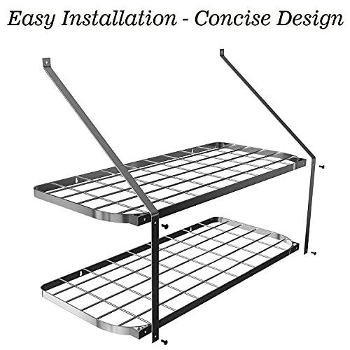 Vdomus Hanging Pot Rack - Rustproof Wall Mounted Pot Rack Pan Hanger for Kitchen Storage & Organization - Durable, Thick Iron Material - Easy Setup 2-Tier Pot Shelf Wall Mount Pot Holder - Black