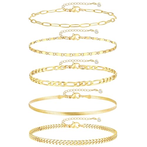 iF YOU Gold Ankle Bracelets for Women, 14k Gold Plated Waterproof Cuban Link Chain Anklets Set, Layered Anklet Bracelets for Women Beach Gift Adjustable Size 5pc (Style1-gold)