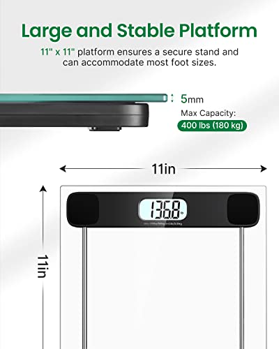 FITINDEX Bathroom Scale for Body Weight, Highly Accurate Digital Weighing Scale with Large LCD Display, Transparent and Slim Tempered Glass, 400 lbs, Black