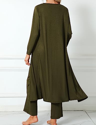 SWOMOG Women Knit Matching Sets 3Pcs Pajamas Crop Tops Casual Cardigan and Long Pants Lounge Set Pjs Ribbed Travel Outfits Army Green