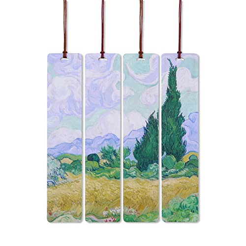 Donxote Bookmark Set of 4, Van Gogh Wooden Aesthetic Art Bookmarks with Gift Box, Book Mark for Book Lovers, is A Unique Gift for Men, Women - A Wheatfield with Cypresses