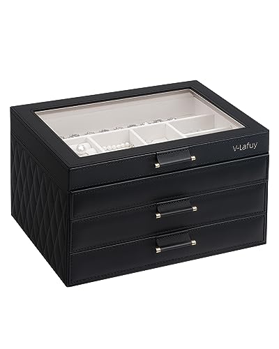 V-LAFUY Jewelry Organizer Box, Jewelry Holder Organizer 3 Layers with 2 Drawers, Jewelry Boxes Display Earring Necklace Watch Bracelet and Rings - Glass Lid Apricot