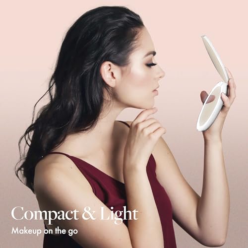 Fancii LED Lighted Travel Makeup Mirror, 1x/10x Magnification - Daylight LED, Compact, Portable, Large 5" Wide Illuminated Folding Mirror (Lumi) Silk White