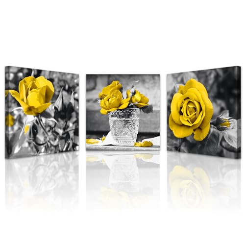 Lapremoly Canvas Wall Art For Kitchen Restaurant Wall Decor For Bedroom Black And White Wall Painting Yellow Rose Pictures Print Art Ready To Hang Girls Gift Room Modern Home Decor 12"X12" 3 Pieces
