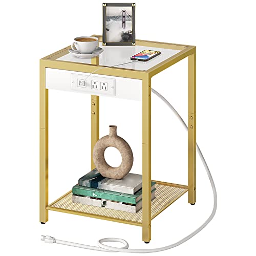 HOOBRO Side Table with Charging Station, End Table with USB Ports, Nightstand for Tight Spaces, Tempered Glass, Modern Metal Frame, for Office, Bedroom, Living Room, Study, Gold GD76UBZ01