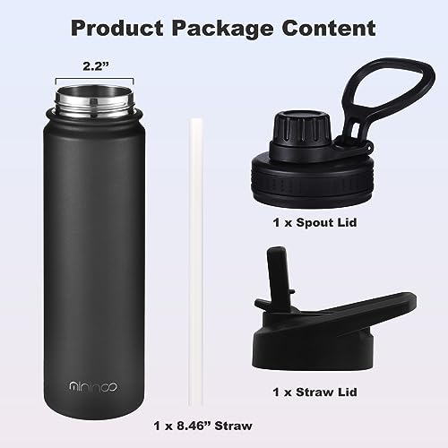 mininoo Insulated Stainless Steel Water Bottle with Straw and Lid for Sports, 24 oz, Black