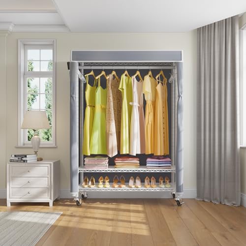 VIPEK R1C Plus Garment Rack Rolling Clothes Rack with Locking Wheels, Heavy Duty Clothing Rack Portable Closet with Adjustable Shelves & Side Hooks, White Rack with Grey Upgraded Polyester Cover