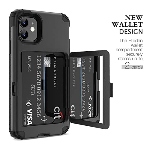 WeLoveCase for iPhone 11 Wallet Case Defender Wallet Credit Card Holder Cover with Hidden Mirror Three Layer Shockproof Heavy Duty Protection All-Round Armor Protective Case for iPhone 11 Black